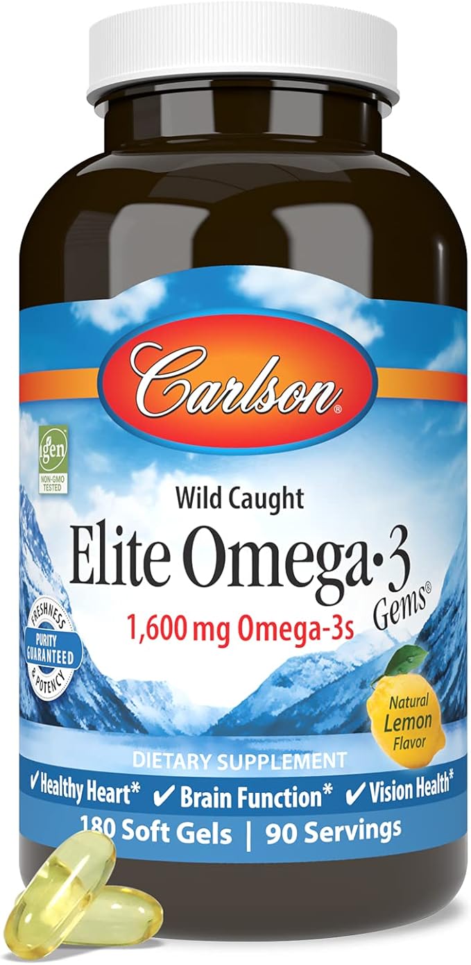 Carlson - Elite Omega-3 Gems, 1600 mg Omega-3s, Heart, Brain & Vision Support, Wild Caught, Orange, 180 soft gels