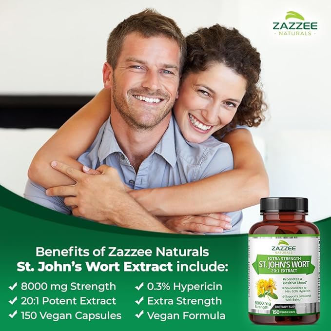 Zazzee Extra Strength St. John’s Wort 20:1 Extract, 8000 mg Strength, 0.3% Hypericin, 150 Vegan Capsules, 5 Month Supply, Concentrated, Standardized 20X Extract, 100% Vegetarian, Non-GMO, All-Natural