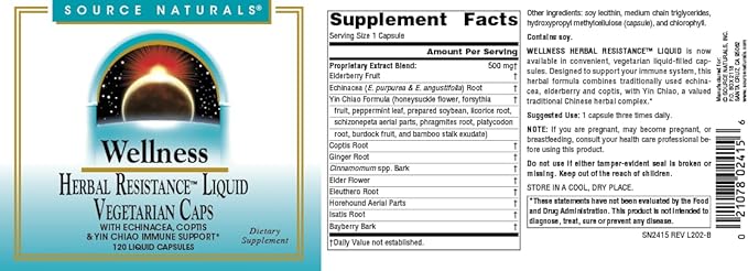 Source Naturals Wellness Herbal Resistance - Echinacea, Coptis & Yin Chiao Immune Support* - 120 Capsules