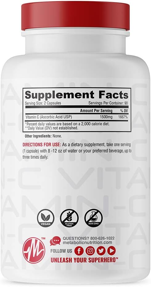 Metabolic Nutrition Vitamin C, 1500mg, Pure Pharma Grade, High Absorption Ascorbic Acid Capsules (90 caps)