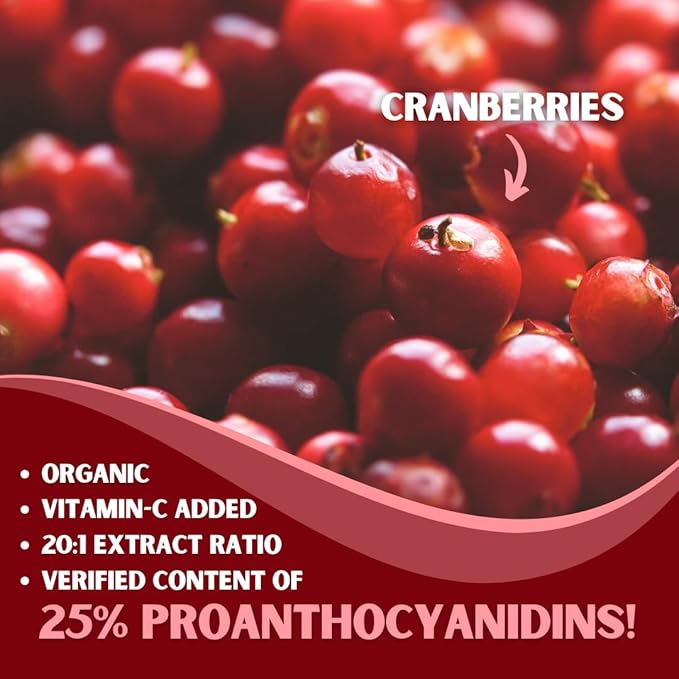 Cranberry Extract Pills Supplement 25% Proanthocyanidins with Vitamin C - Urinary Tract, Skin, Immune Support - 180 Veggie Capsules - Non-GMO, Gluten-Free, Vegan Friendly