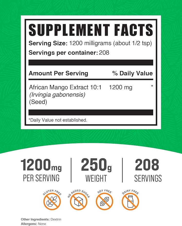 BulkSupplements.com African Mango Extract Powder - Irvingia Gabonensis, African Mango Powder - Gluten Free, 1.2g per Serving, 250g (8.8 oz) (Pack of 1)
