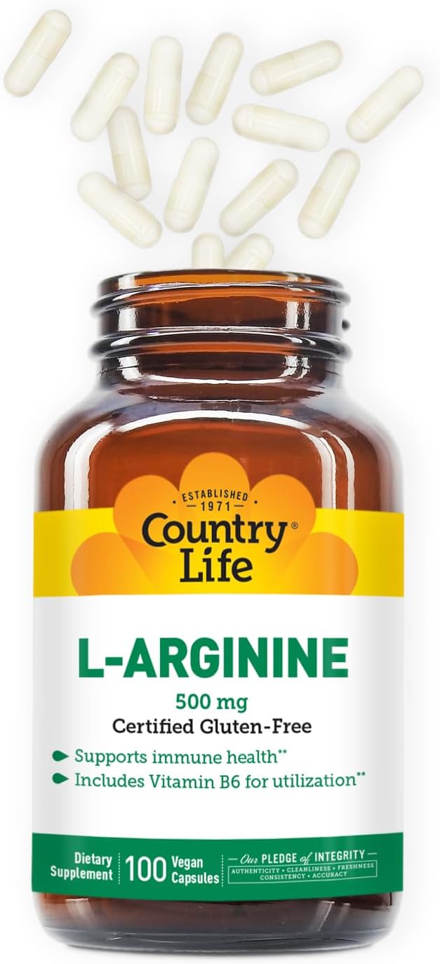 Country Life L-Arginine Caps with Vitamin B-6, 500mg, 100 Vegan Capsules, Certified Gluten Free, Certified Vegan