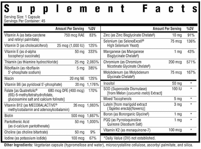 Seeking Health Multivitamin One, 1 a Day Multivitamin Supplement for Adults, Methyl B12 and Methylfolate, Vitamin A, Bioavailable Nutrients for Men and Women, Vegetarian (45 Capsules)