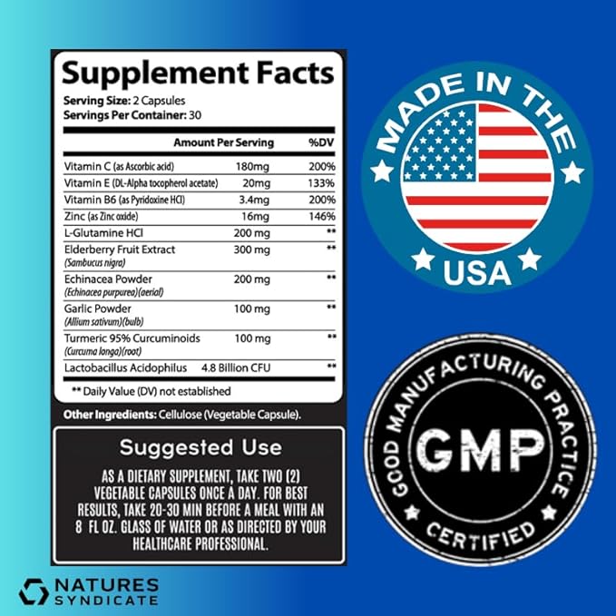 Immune Support Supplement - 10-in-1 with Echinacea, Elderberry, Garlic, Turmeric with Zinc, Vitamin C, E, B6 & L-Glutamine, 4.8 Billion CFU Probiotic for Adults