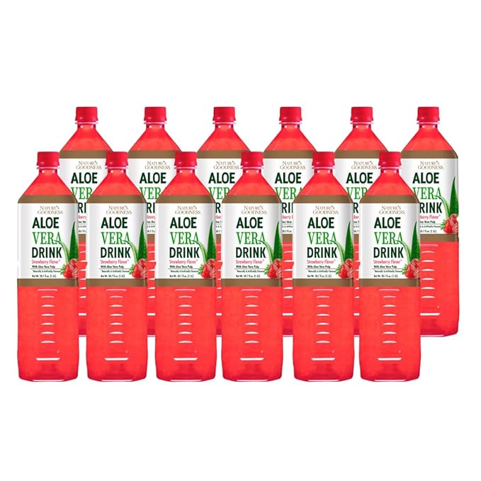 Nature's Goodness Aloe Vera Drink with Pulp Strawberry Flavor -12 Pack Case - 50.7 Fl Oz (1.5 L) Each - Total 18 Liters - Refreshing Beverage with Real Aloe Vera Juice