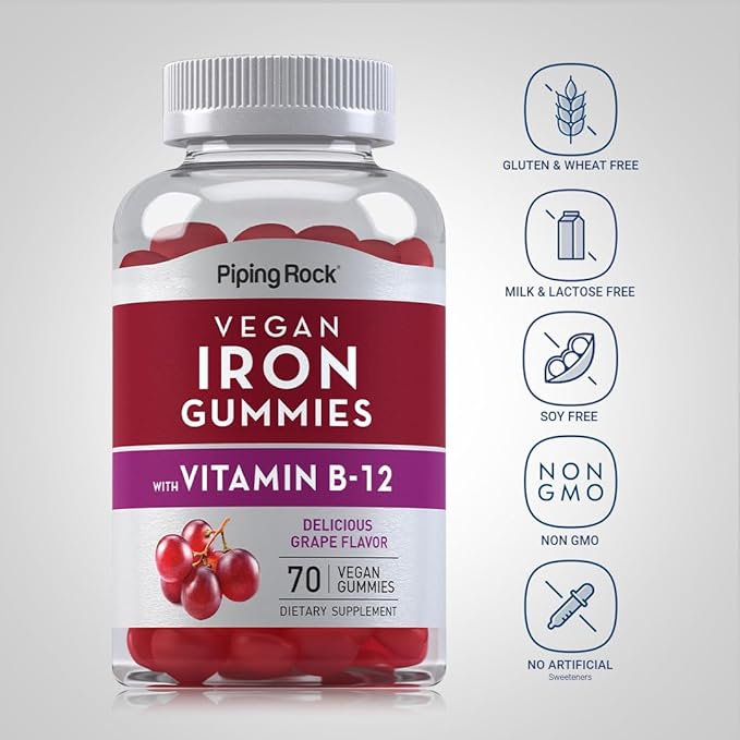Piping Rock Iron Gummies Supplement | 70 Count | for Women and Men | with Vitamin B12 | Grape Flavor | Vegan, Non-GMO, Gluten Free