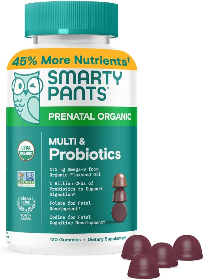 SmartyPants Organic Prenatal Vitamins for Women, Multivitamin Gummies: Probiotics, Biotin, Methylfolate, Omega 3 (ALA), Vitamin D3, C, Vitamin B12, B6, A, K2 & Zinc, Choline, 120 Count (30 Day Supply)