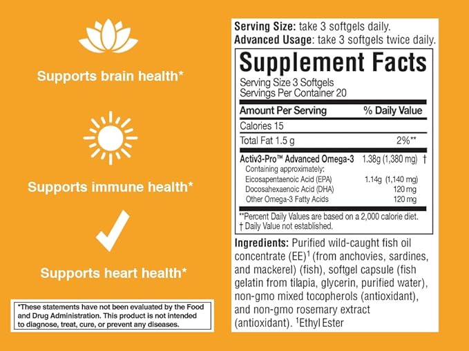 7010MD Advanced Omega-3 Formula, 92% Omega-3 with 1140 mg of EPA per serving, promoting Positive Mood, Brain Health, Immune Health, Heart Health and Joint Health- 60 Count