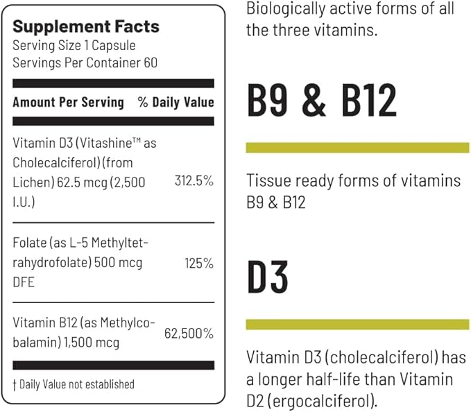 Unived Vegan B12 + D3, B12 (1500mcg Methylcobalamin), D3 (2500IU, Lichen), B9 (500mcg 5-MTHF) & Moringa, Immune Bone & Heart, Energy & Metabolism, 60c