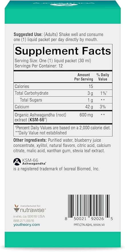 Youtheory Ashwagandha Liquid - Uses KSM-66 - Ashwagandha Supplement to Support Stress Relief* - Vegan - Dairy, Soy & Gluten Free - 12 Single-Serving Packets