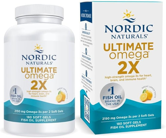 Nordic Naturals Ultimate Omega 2X, Lemon Flavor - 180 Soft Gels - 2150 mg Omega-3 - High-Potency Fish Oil with EPA & DHA - Promotes Brain & Heart Health - Non-GMO - 90 Servings