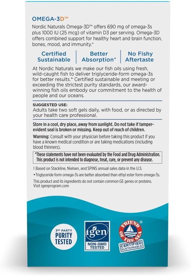 Nordic Naturals Omega-3D, Lemon Flavor - 60 Soft Gels - 690 mg Omega-3 + 1000 IU Vitamin D3 - Fish Oil - EPA & DHA - Immune Support, Brain & Heart Health, Healthy Bones - Non-GMO - 30