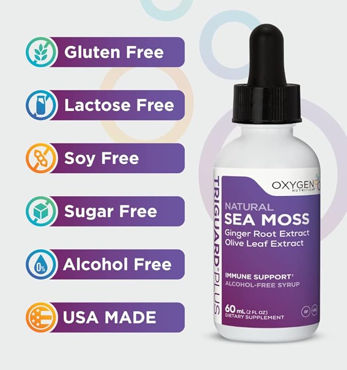 TriGuard Plus Sea Moss - Irish Sea Moss, Olive Leaf & Ginger Root Extract Liquid Tincture 2 fl oz | For Thyroid, Digestion, Immune Support & Energy | Alcohol-Free, Non-GMO, Made in USA