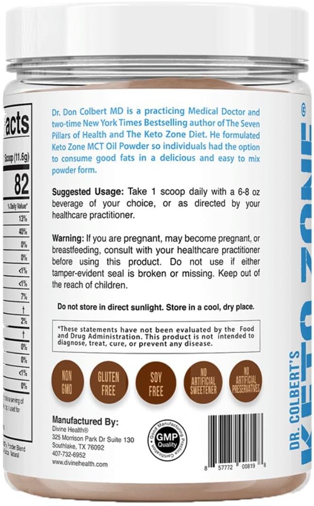 Divine Health Dr. Colbert's Keto Zone MCT Oil Powder | Dutch Chocolate Flavor | 70% C8 | 30% C10 | All Natural Keto Approved for Ketosis | 0 Net Carbs | Gluten Free | 30 Day Supply | 348g |