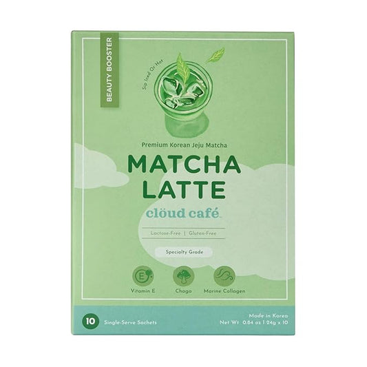 Clöud Café Collagen Infused Matcha Latte Instant Tea Powder - Vitamin E, Chaga Mushrooms Powder, & Marine Collagen Instant Tea (10 Sachets)