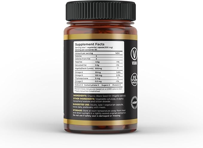 Naturments Premium Black Seed Oil Vegetarian Capsules 100% Organic Unrefined Non GMO Cold Pressed Extra Virgin Nigella Sativa Pure Halal Kalonji Oil - 60 Capsules (500 mg Each)