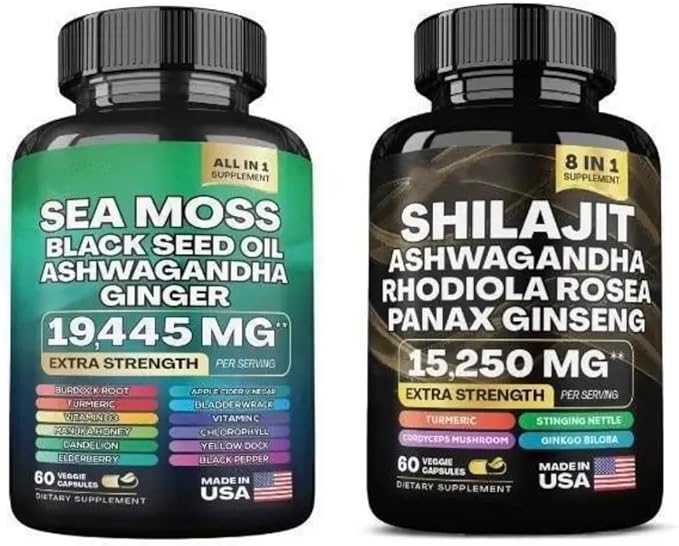 Sea Moss and Shilajit Bundle - Sea Moss,Black Seed Oil, Ashwagandha,Ginger & Shilajit,Rhodiola Rosea, Panax Ginseng