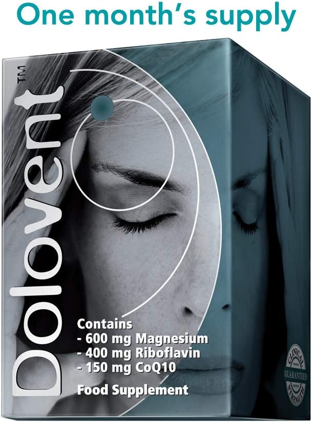 Dolovent - Natural Migraine Relief with Magnesium for Migraines, Vitamin B2 400mg, CoQ10 - Dietary Supplement for Brain Health - 1 Bottle
