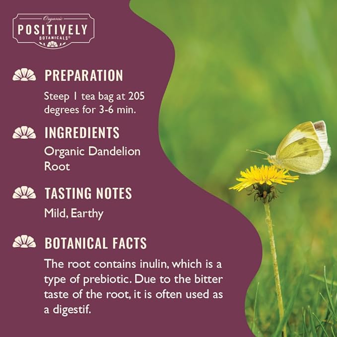 Organic Positively Botanicals Company, Dandelion Root Herbal Tea Bags, 20 Count