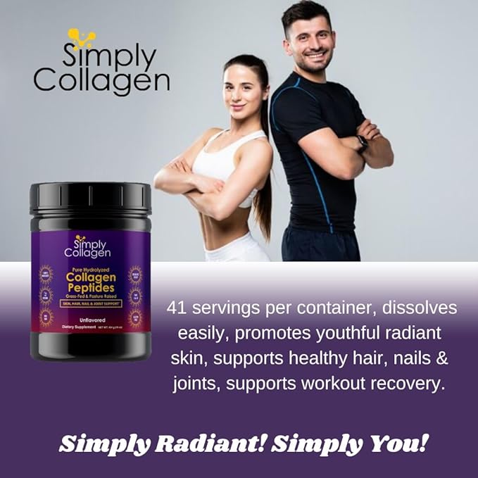 Simply Collagen® Hydrolyzed Collagen Peptides - Enhances & Strengthens Hair, Skin, Nails, Bones & Joints - Grass Fed, Type I & III - 41 Servings Per Container