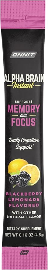 ONNIT Alpha Brain Instant Cognitive Support Drink Mix, BlackBerry Lemonade Flavor, Nootropic Supplement for Focus, Memory, and Clarity, 0.13 oz Packets, 30 Count