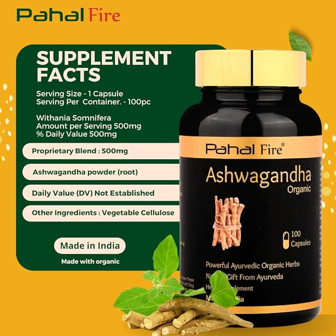 Ashwagandha Organic Herbal Supplement 500mg pr Serving 100 Capsule 50 Days Supply Stress Relief Energy Support Wild harvested in India with Lab Test Report GlutenFree