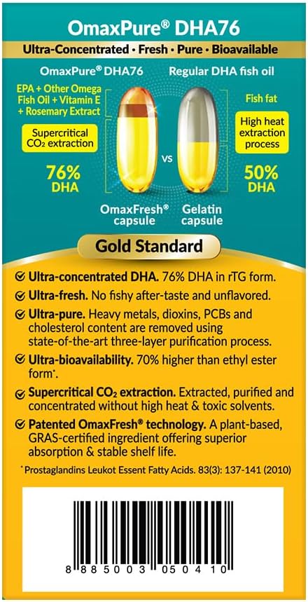 LABO Nutrition OmaxPure DHA76 Omega 3 Fish Oil, Ultra-Concentrated 76% 950mg DHA, EPA, 60 Count, Pharmaceutical Grade, Supercritical CO2 Extracted rTG Form, for Heart, Joint, Brain & Immune Health