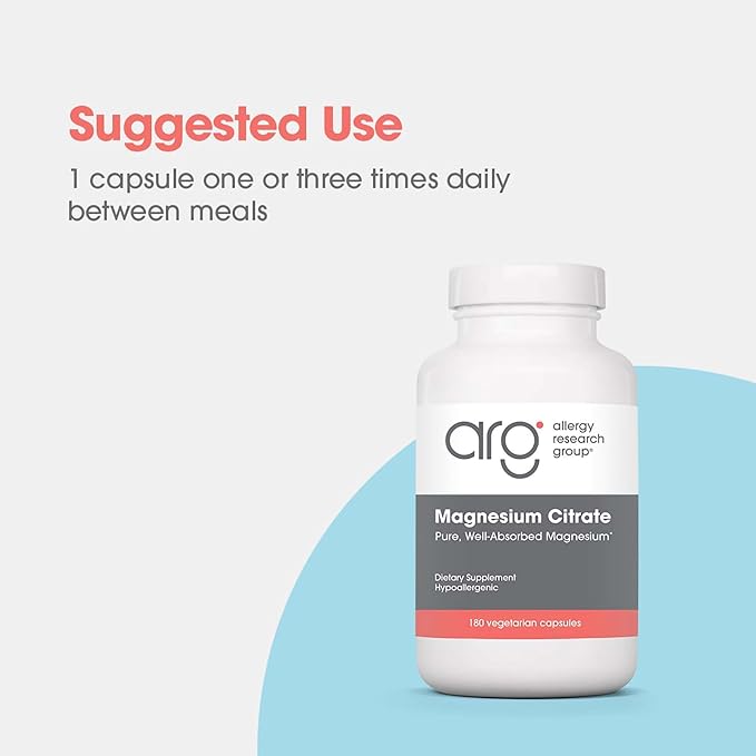 Allergy Research Group Magnesium Citrate Dietary Supplement - Bone & Stress Support, Well-Absorbed, Hypoallergenic, Vegetarian Capsules, Gluten Free - 180 Count