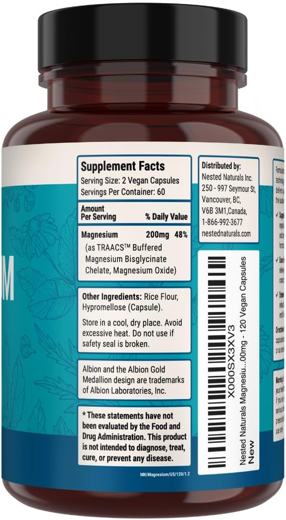 Nested Naturals Magnesium Glycinate Chelate - 200mg Chelated Magnesium Supplement for Muscle Cramps, Relaxation, & Sleep Support - 100% Albion TRACCS Buffered Magnesium Glycinate - 120 Vegan Capsules