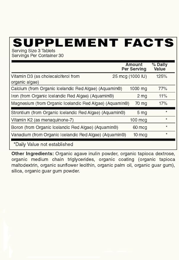 Plant Calcium | 1000mg Certified Organic Whole Food Calcium from Organic Icelandic Red Algae with Vitamin D3, Vitamin K2 and Magnesium | 72 Trace Minerals | 90 Vegan Tablets