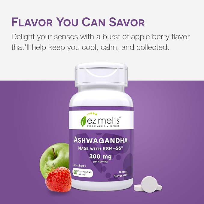 EZ Melts Dissolvable KSM-66 Ashwagandha, 300 mg, Sugar-Free, Stress, Sleep and Mood Support Supplement, 30-Day Supply, Apple Berry-Flavor