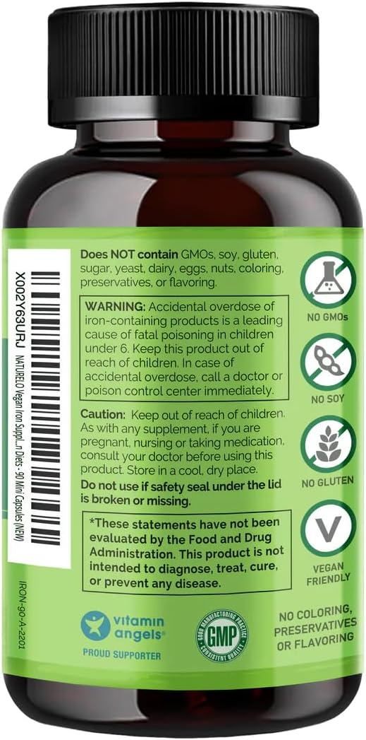 NATURELO Vegan Iron Supplement with Vitamin C and Organic Whole Foods - Gentle Iron Pills for Women & Men with Iron Deficiency Including Pregnancy, Anemia and Vegan Diets - 90 Mini Capsules