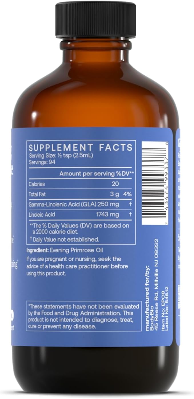BodyBio Evening Primrose Oil - Natural Gamma Linolenic Acid for Healthy Skin & Hormone Balance - Non-GMO, Cold Pressed - 8oz