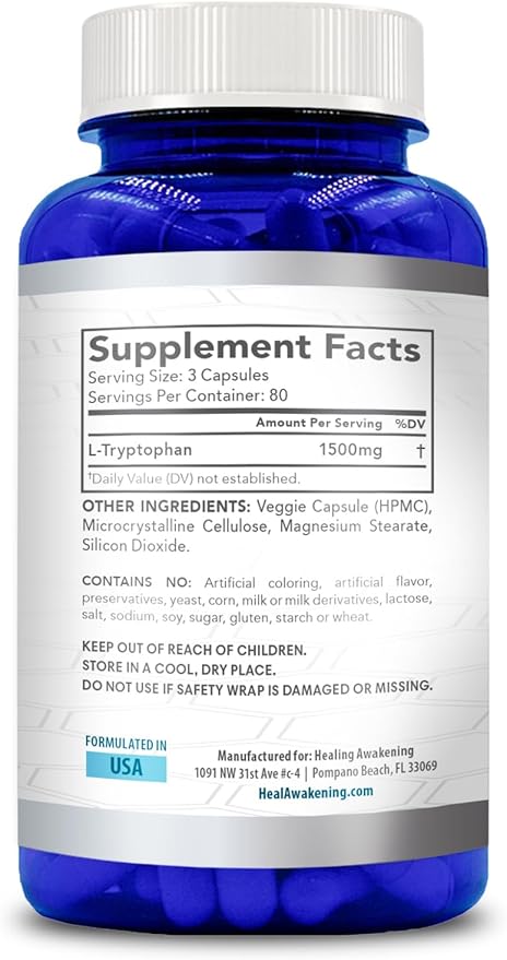 High Strength L Tryptophan Capsules | L Tryptophan Supplement for Sleep and Relaxation with 1500mg per Serving | Vegan Non-GMO Soy and Gluten Free | Made in US cGMP Labs (80 Servings)