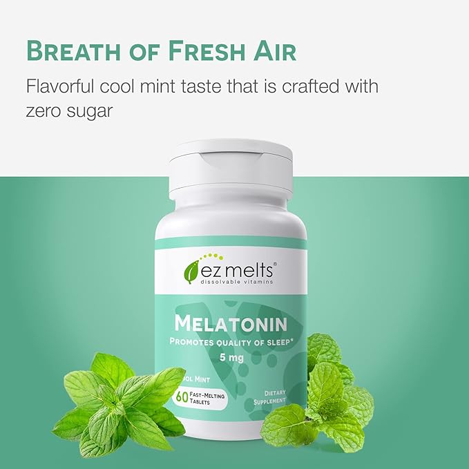 EZ Melts Dissolvable Melatonin, 5 mg, Sugar-Free, 2-Month Supply, Cool Mint-Flavored