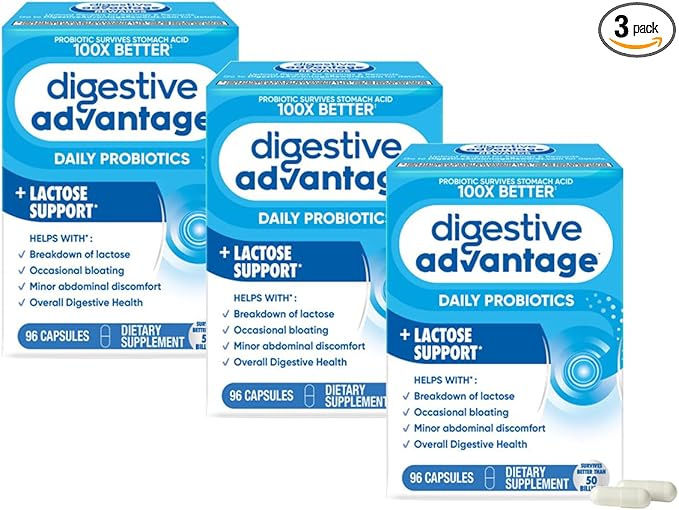 Digestive Advantage Lactose Defense Enzymes + Probiotics for Women & Men Occasional Bloating, Lactose Breakdown, Minor Abdominal Discomfort, Immune Support, 96 Count Capsules (3 Pack)