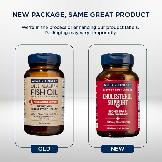 Wiley's Finest Wild Alaskan Fish Oil Cholesterol Support - Heart Health Supplement for Men and Women - 560mg Omega-3s - 90 Softgels (45 Servings)