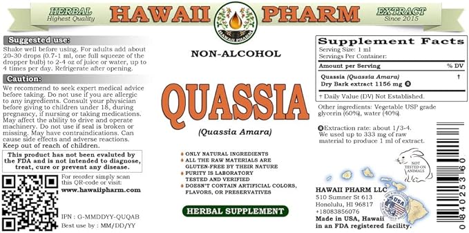 Quassia Alcohol-Free Liquid Extract, Quassia (Quassia Amara) Dried Bark Glycerite Natural Herbal Supplement, Hawaii Pharm, USA 64 fl.oz