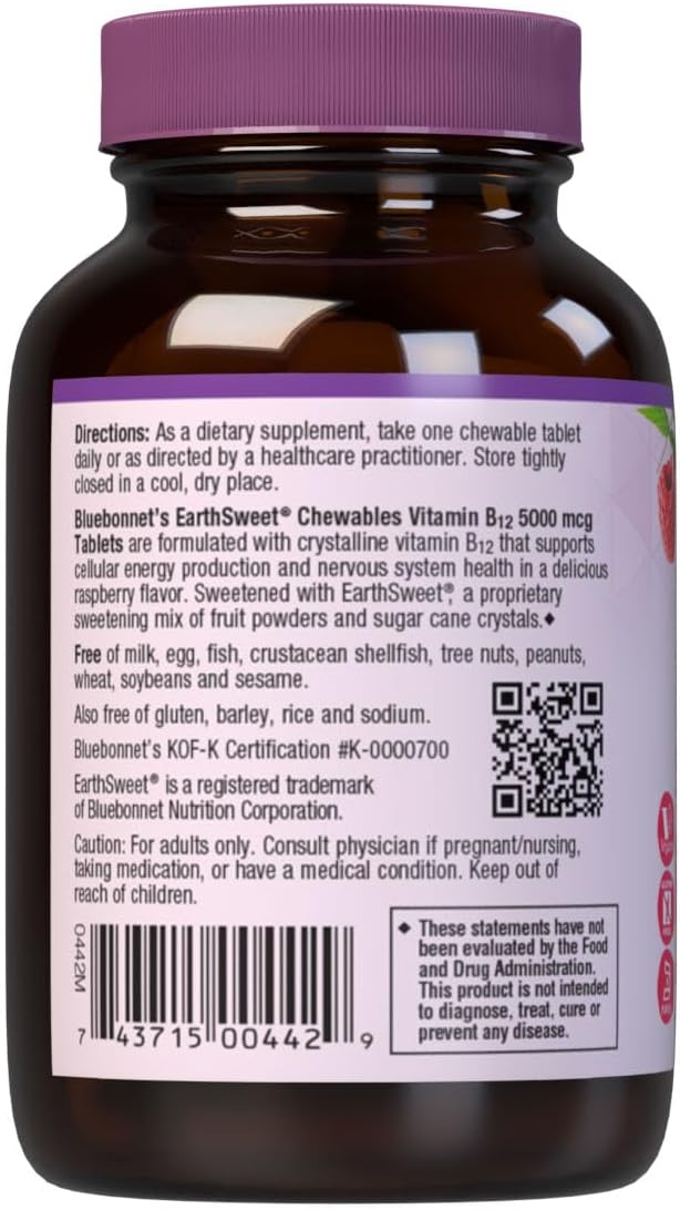 BlueBonnet Nutrition Earth Sweet Vitamin B12 5000 mcg Chewable Tablets, Soy-Free, Gluten-Free, Kosher Certified, Dairy-Free, Vegan, Raspberry Flavored, 60 Chewable Tablets, 60 Servings