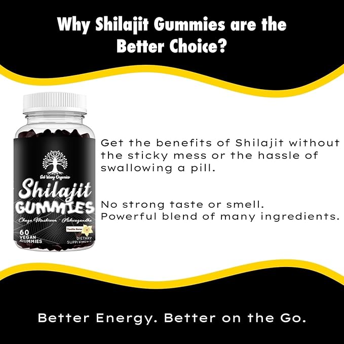 Shilajit Gummies I Lab Tested I No Added Sugar I Ashwagandha, Chaga Mushrooms | Fulvic Acid & 85+ Trace Minerals I for Men, Women I Non-GMO I 100% Natural & Organic I 60 Gummy