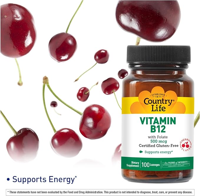 Country Life Vitamin B12 with Folate, Supports Energy & Red Blood Cell Production, 500mcg, 100 Lozenges, Certified Gluten Free, Certified Vegan, Certified Halal, Non-GMO Verified