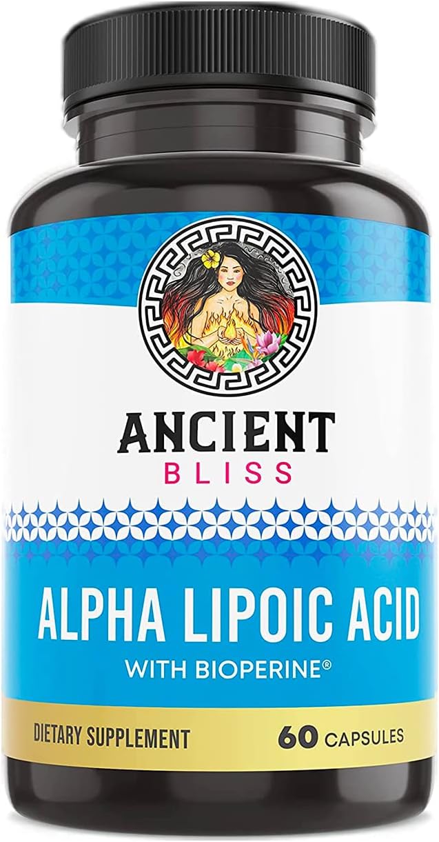 Ancient Bliss Alpha Lipoic Acid Supplement, Antioxidant and Energy Support, ALA Supplement with Bioperine, No Gluten and Soy, 600mg per Serving, 60 Vegan Capsules