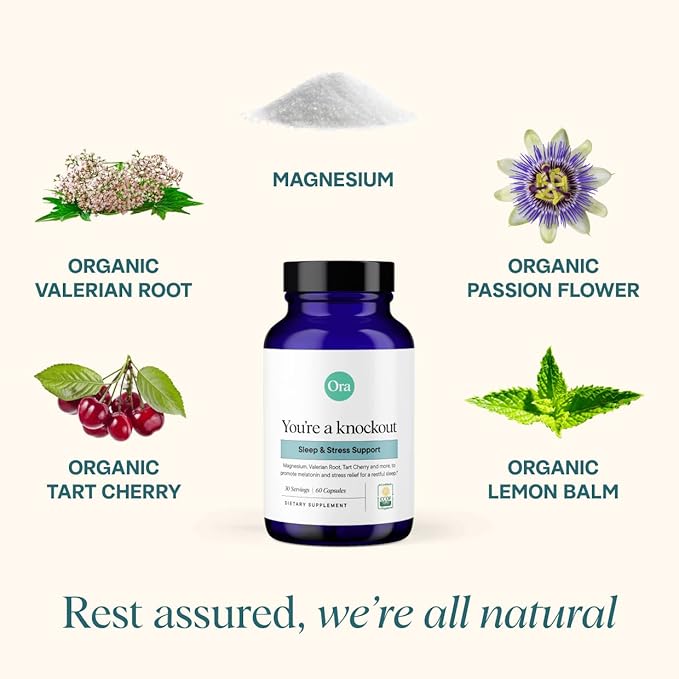 Ora Organic Natural Sleep Aid Supplement Stress Support Calming Herbal Blend with Melatonin from Tart Cherry - Includes Magnesium Citrate, Valerian Root, and Lemon Balm - 1 Month Supply, 60 Capsules