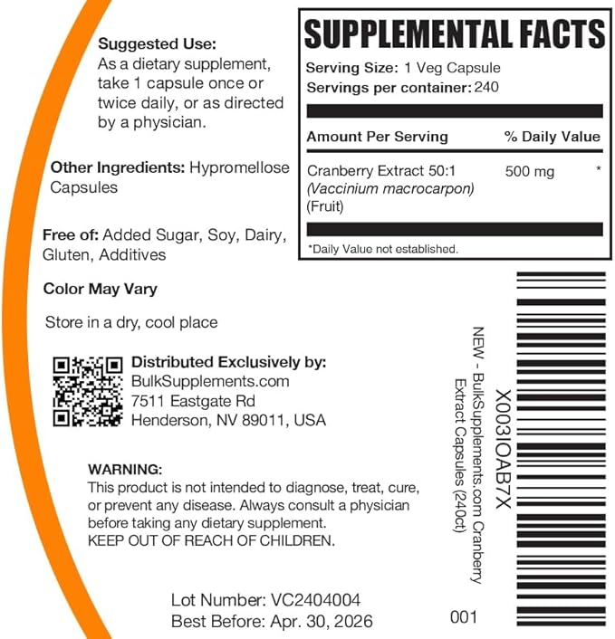 BulkSupplements.com Cranberry Extract Capsules - Cranberry Supplements for Women & Men, Cranberry Extract 500mg - Vegan & Gluten Free, 1 Capsule per Serving, 240 Capsules (Pack of 1)