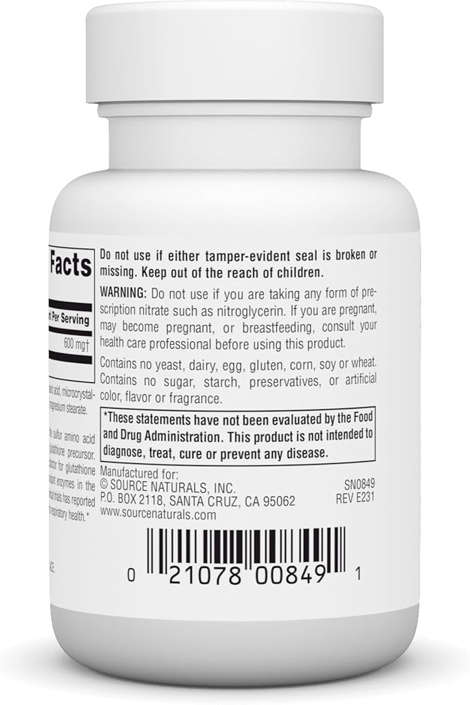 Source Naturals N-Acetyl Cysteine Antioxidant Support 600 mg Dietary Supplement That Supports Respiratory Health* - 30 Tablets