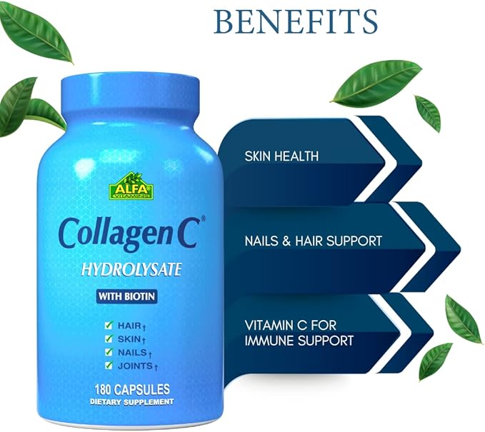 CollagenC - Collagen Hydrolysate Capsules with Biotin by Alfa Vitamins - Anti-Aging Nutritional Supplement for Skin, Nails & Hair Rejuvenation - Supports Bone & Muscle - Made in USA - 180 Capsules
