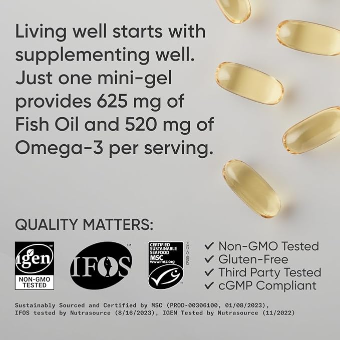 Sports Research Fish Oil Mini-Softgels - Easy to Swallow Omega-3 Fatty Acids from Wild Caught Alaska Pollock Supporting Brain & Heart Health - 625mg, 120 Capsules