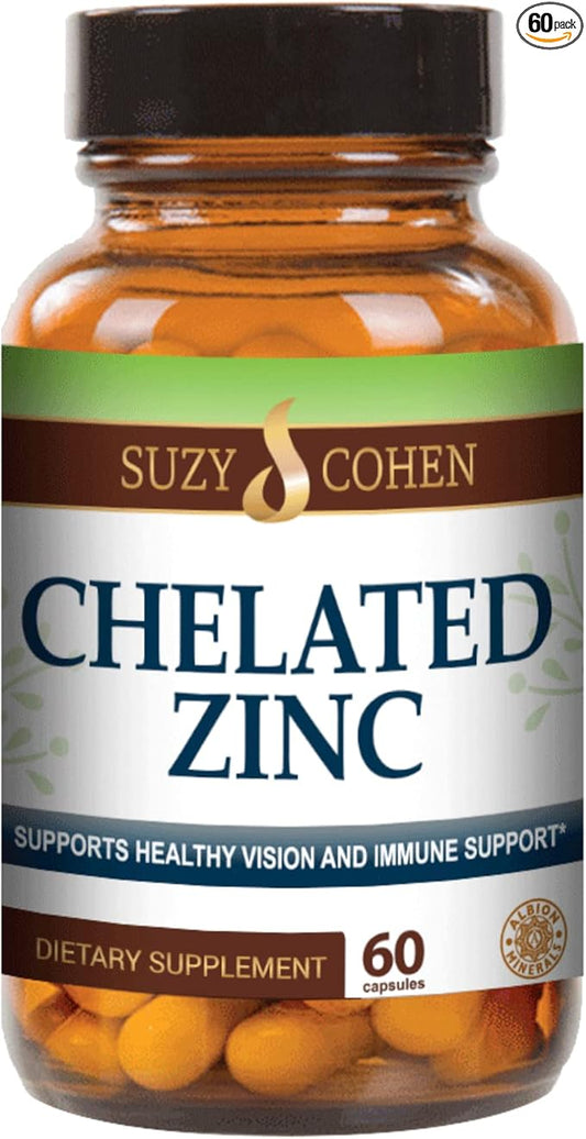 Suzy Cohen Chelated Zinc Supplements - 60 Capsules Gentle on The Stomach - Zinc is for Healthy Cell Growth and DNA Formation - Supports Healthy Immune Function and Skin Health