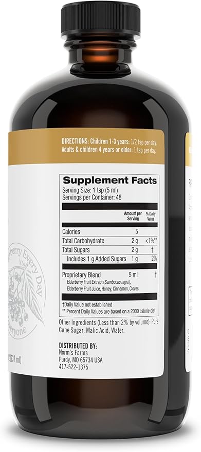 Norm's Farms Black Elderberry Wellness Syrup + Honey, Cinnamon, & Cloves - Natural Immune Support - Kosher, Gluten Free, Non-GMO - 2PK 8 Oz. Bottles